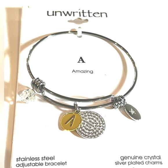 NEW Unwritten SILVER BANGLE BRACELET Crystal Disc Gold Letter “A” Amazing NEW - Picture 2 of 3